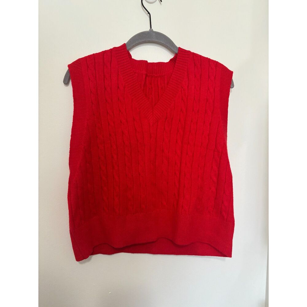 Red Cable Knit Sweater Vest XL Preppy V Neck Cotton Blend Classic Dark Academia